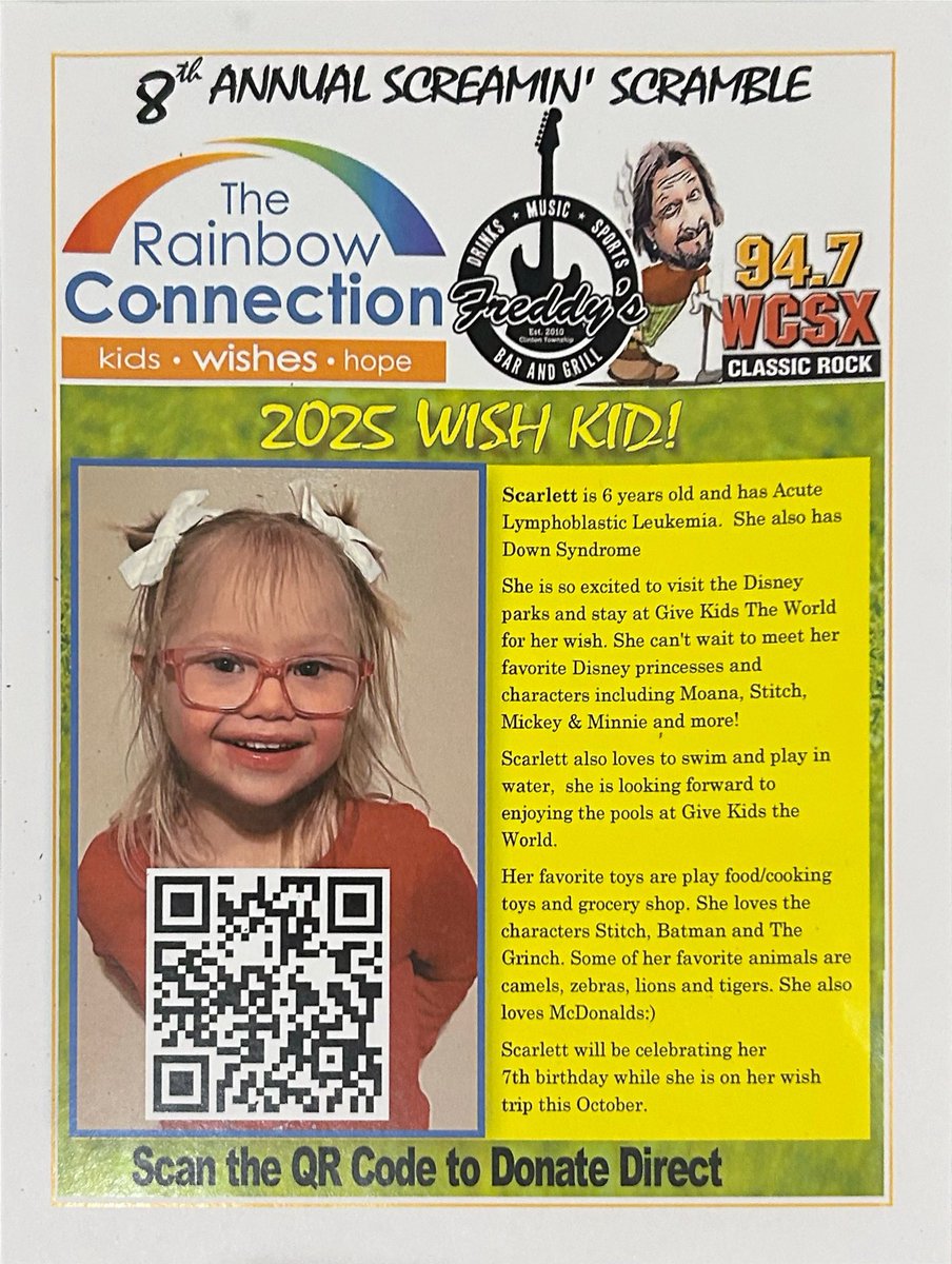 Sunday I had the honor of painting live at the 8th Screamin’ Scramble, with all proceeds from my auctioned paintings donated to Scarlett.

Scan the QR code in this flyer or click this link: rainbowconnection.org/donate/  to donate directly and make her dream come true.