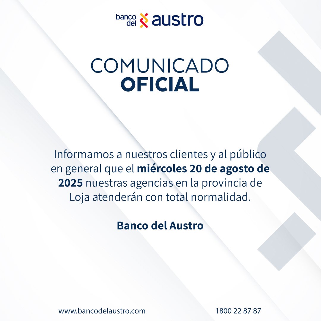 📢 Comunicado Oficial

Informamos a nuestros clientes y al público en general que el miércoles 20 de agosto nuestras agencias en la provincia de Loja atenderán con normalidad, respetando su horario habitual.

Agradecemos su confianza y preferencia.