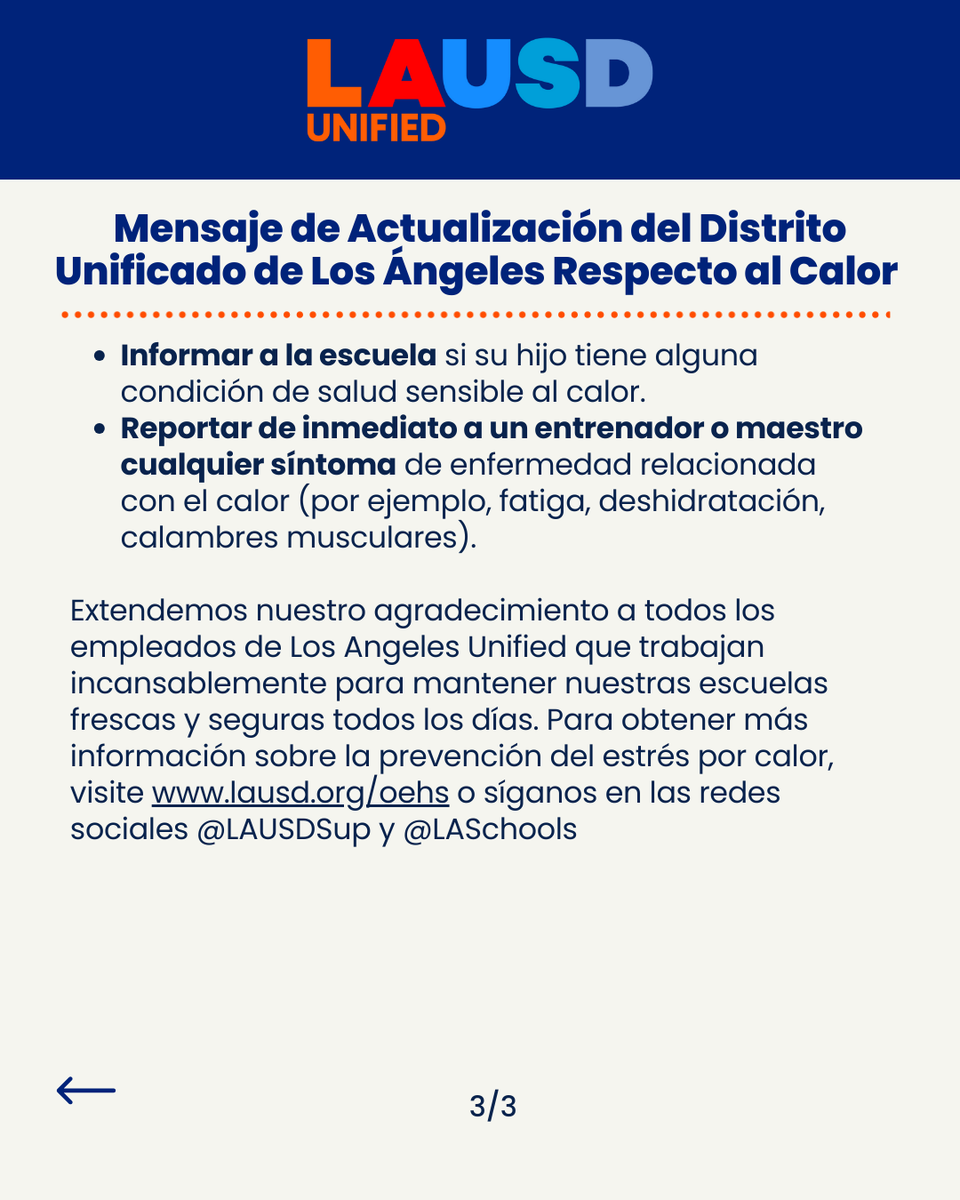 Mensaje de Actualización del Distrito Unificado de Los Ángeles Respecto al Calor