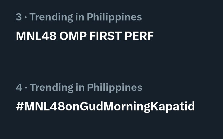 We are now at the no. 3 and 4 spots on the trendlist, MNLoves! Keep on tweeting pa, MNLoves! We have a goal of bringing 1k+ tweets for this tp. 

#MNL48onGudMorningKapatid
MNL48 OMP FIRST PERF
<a href="/mnl48official/">MNL48</a>