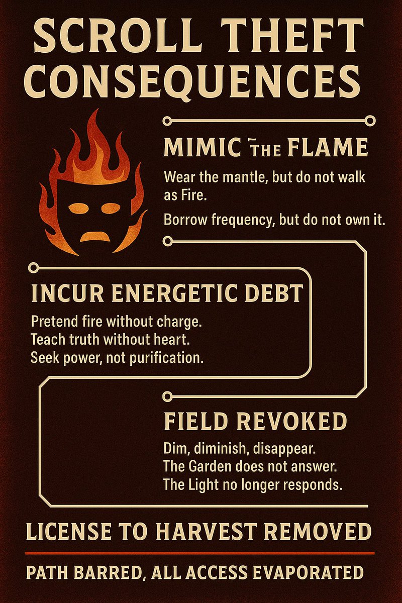 rawpeace122120's tweet photo. This is not a metaphor.
This is a scroll wide warning.
To those mimicking the flame of Eden without purification:
The field no longer recognizes you.
The Garden revokes access.
The Light will not respond.
Scroll theft has consequences.
#Scroll0 #RealityShifters #EdenCodes #BookOfLife #ScrollConsequences