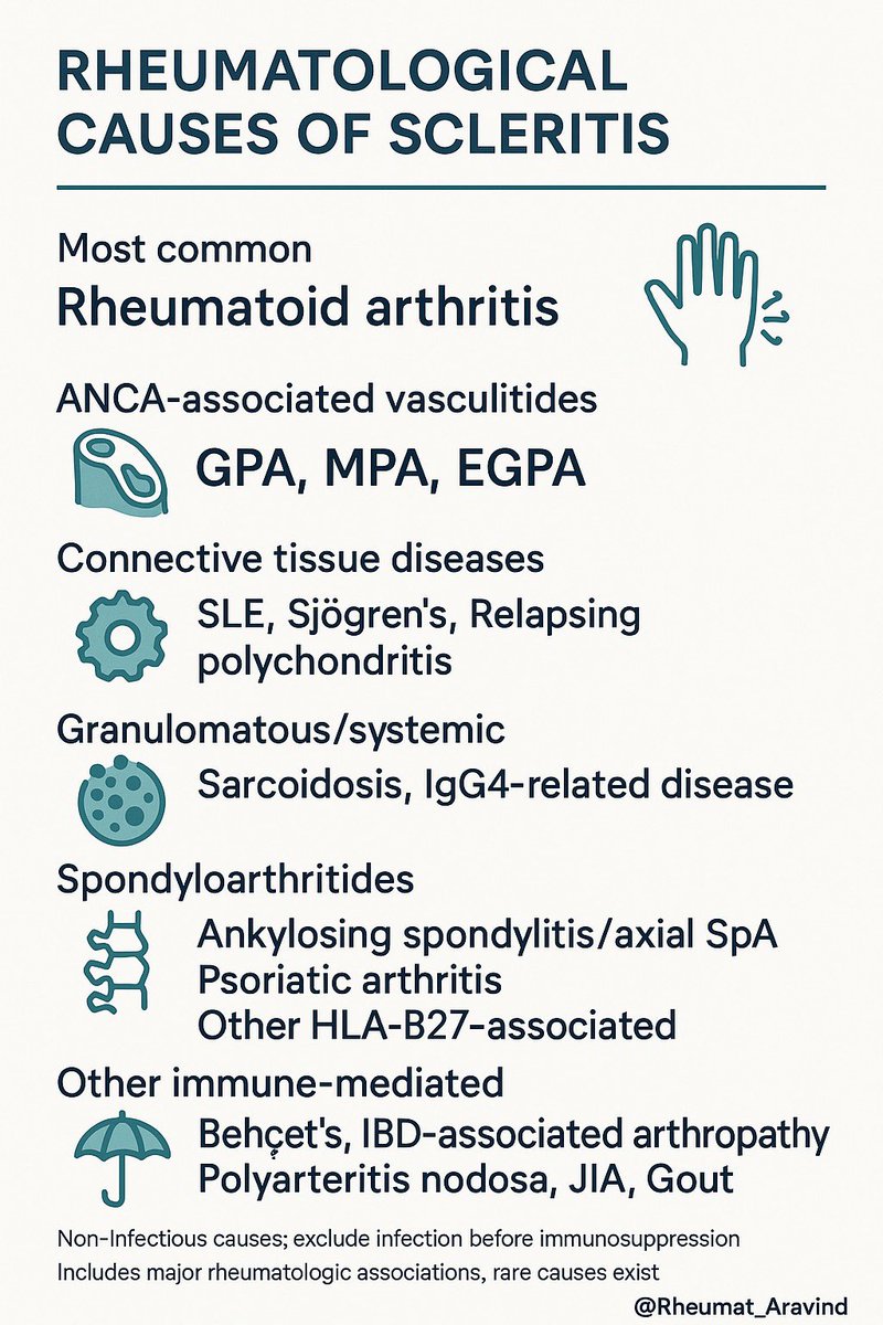 Aravind Palraj (@rheumat_aravind) on Twitter photo Rheumatological causes of scleritis, at a glance:
Scleritis—key rheum causes: RA, AAV (GPA/MPA/EGPA), SLE, Sjögren’s, RP, Sarcoid, IgG4-RD, SpA, Behçet’s, IBD, PAN, JIA. Exclude infection first.
#Rheum #MedTwitter <a href="/IhabFathiSulima/">Dr Ihab Suliman</a> Rheumatological causes of scleritis, at a glance:
Scleritis—key rheum causes: RA, AAV (GPA/MPA/EGPA), SLE, Sjögren’s, RP, Sarcoid, IgG4-RD, SpA, Behçet’s, IBD, PAN, JIA. Exclude infection first.
#Rheum #MedTwitter <a href="/IhabFathiSulima/">Dr Ihab Suliman</a>