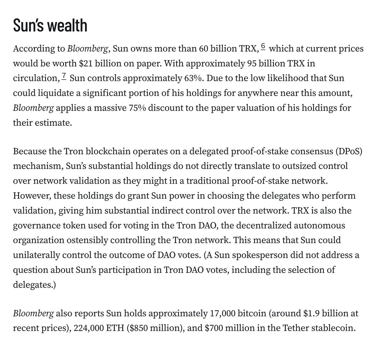 molly0xFFF's tweet photo. According to Bloomberg, Sun owns 63% of the supply of the TRX token. His TRX holdings, even massively discounted by Bloomberg, represent 40% of his net worth. Another 30% is his ownership of the HTX cryptocurrency exchange — ownership he’s previously denied. https://t.co/DHpCVFUMe4