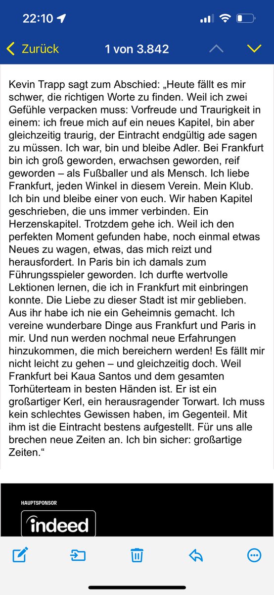 MarcelStorch's tweet image. Wow, wirklich starke Worte zum Abschied von Kevin #Trapp von der #SGE - über die Liebe zur #Eintracht, zu Paris, den Europa-League-Titel und Nachfolger Kaua Santos. Chapeau 🎩