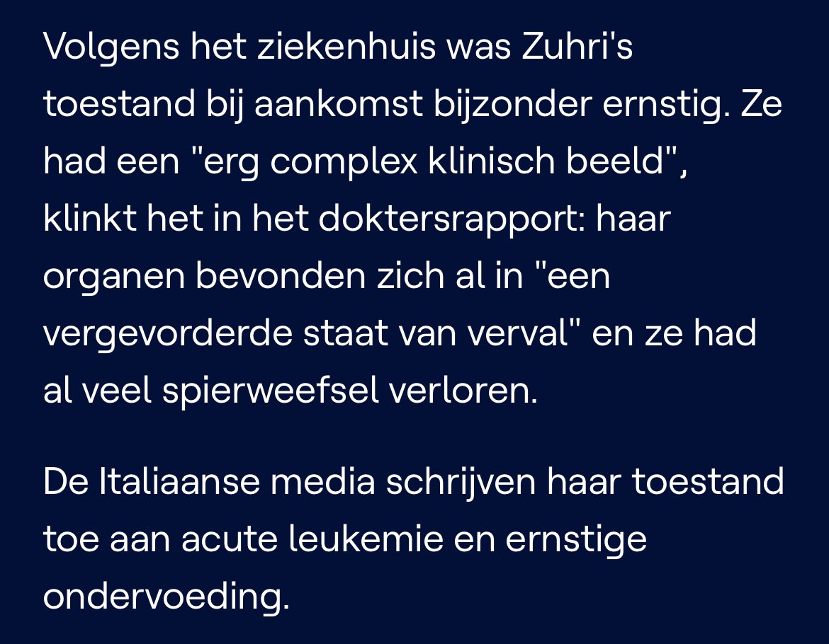 Sinds wanneer hoort de <a href="/vrtnws/">VRT NWS</a> niet meer tot “de massamedia”, mijnheer <a href="/MichaelFreilich/">Michael Freilich, MP</a>?

De leukemie werd daar immers duidelijk vermeld, naast haar andere levensbedreigende aandoeningen waaronder, inderdaad, ook ernstige ondervoeding.