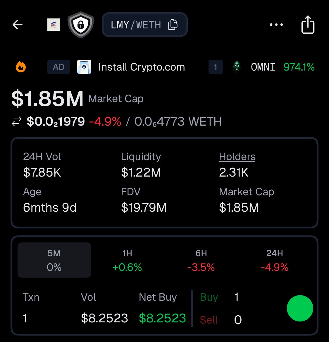 $LMY 토큰의 DexScreener 통계 스크린샷 — 시가총액 및 성과 표시