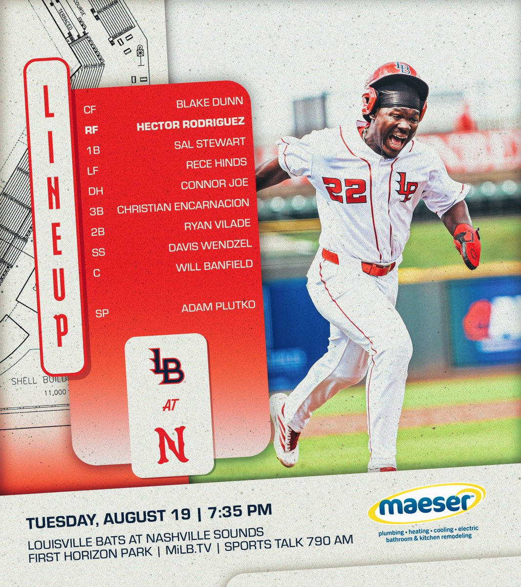 Louisville Bats (@louisvillebats) on Twitter photo Back to work⚾️
🆚 Nashville Sounds
⏰ 7:35 PM ET
📻 <a href="/790Louisville/">Sports Talk 790AM</a>
📺 MiLB.tv & <a href="/Bally__Sports/">Bally Sports Live</a>
Presented by <a href="/Maeser_services/">Maeser Master Servic</a> Back to work⚾️
🆚 Nashville Sounds
⏰ 7:35 PM ET
📻 <a href="/790Louisville/">Sports Talk 790AM</a>
📺 MiLB.tv & <a href="/Bally__Sports/">Bally Sports Live</a>
Presented by <a href="/Maeser_services/">Maeser Master Servic</a>