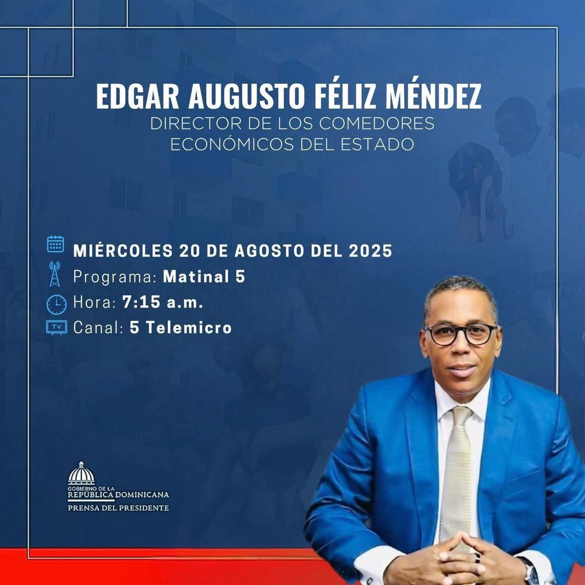 No te pierdas este miércoles 20 de agosto 7:15 de la mañana la comparecencia del <a href="/EdgarAugustoFM/">Edgar Augusto Feliz Arbona</a> director general de los <a href="/Comedores_RD/">Comedores Económicos del Estado Dominicano</a> resaltando todos los logros en sus 5 años de gestión, cumpliendo con el deber encomendado por el presidente <a href="/luisabinader/">Luis Abinader</a>