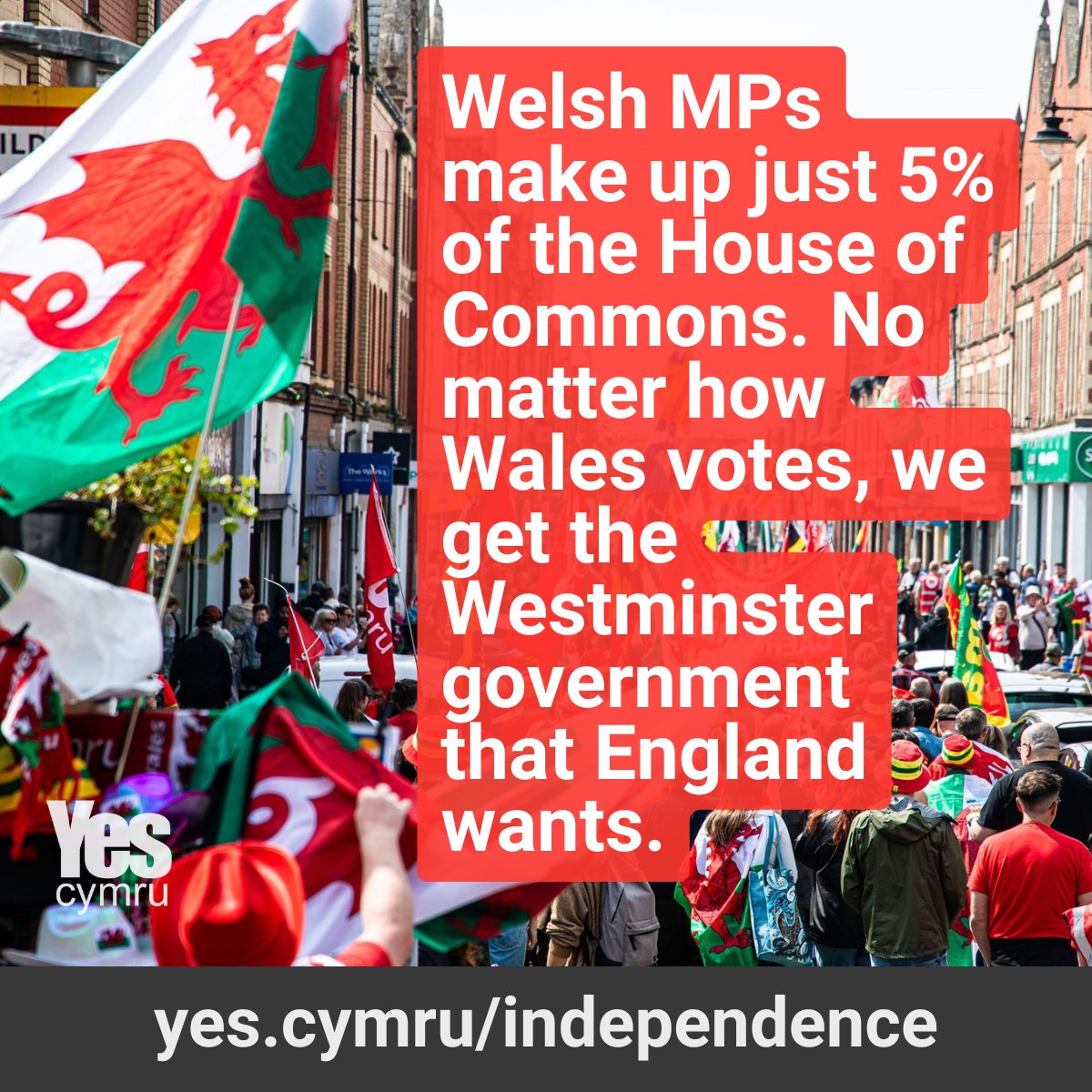 "Welsh MPs make up just 5% of the House of Commons. No matter how Wales votes, we get the Westminster government that England wants."

🏴󠁧󠁢󠁷󠁬󠁳󠁿 Independence in Your Pocket – read online, download the PDF, or get your own printed copy here: yes.cymru/independence