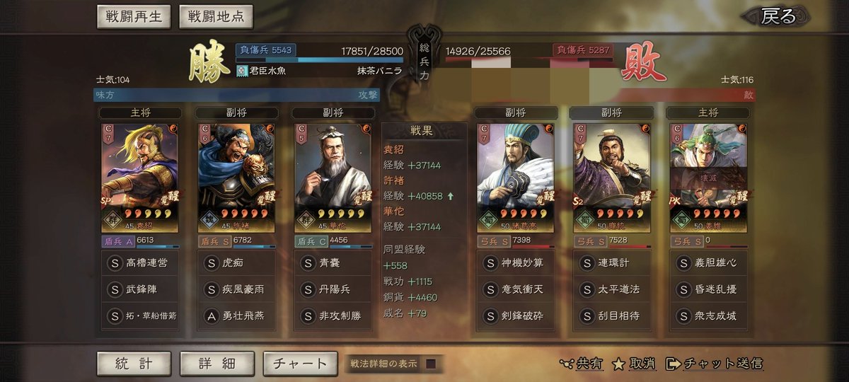 Mattyavanilla1's tweet photo. 次は許褚を使ったびっくり編成。
丹陽兵を使い、弱い知力編成に対抗する編成です。
知力の弓編成には結構強かったのですが、その他にはなかなか厳しい結果に。
特に賈詡が含まれた編成にはかなり弱く、許褚が混乱したら諸刃の剣に。笑
面白かったけど現在は解体し新たな編成を試験中。

#三國志真戦 https://t.co/GK5xOb43oo