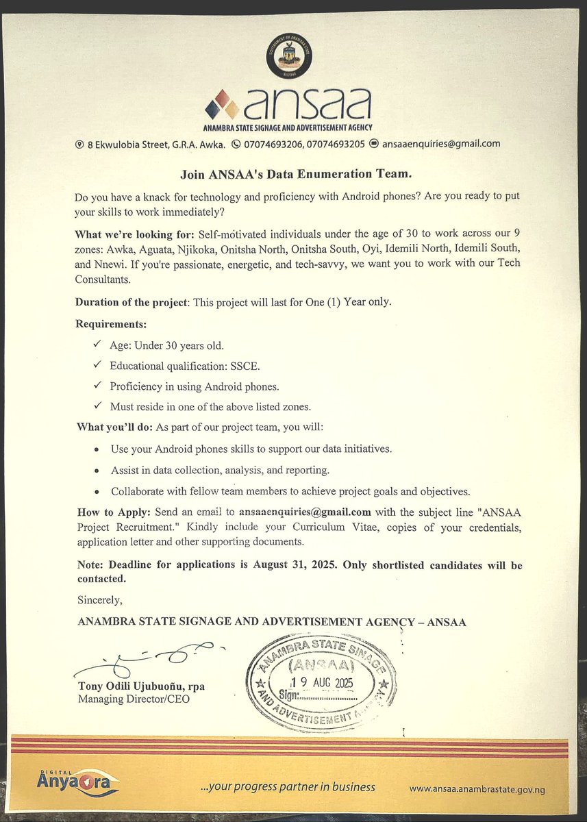 JOB ADVERTISEMENT!!!

ANSAA invites applications from qualified candidates to join our Data Enumeration Team.

This opportunity is open to self-motivated, tech-savvy, passionate, and committed individuals.

👇🏽