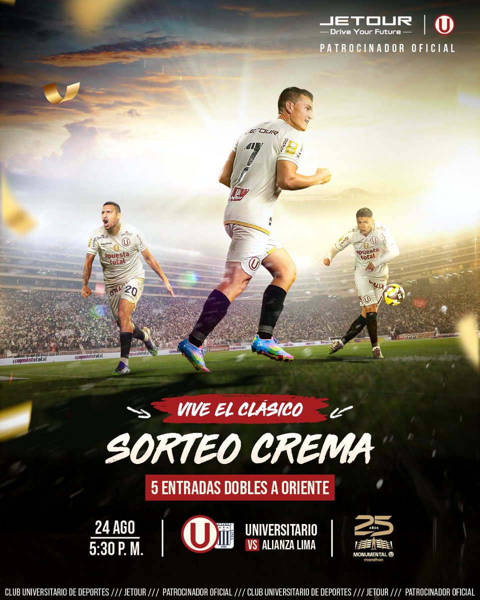 𝗘𝘀𝘁𝗮 𝗵𝗶𝗻𝗰𝗵𝗮𝗱𝗮 𝗾𝘂𝗲 𝘁𝗲 𝘀𝗶𝗴𝘂𝗲 𝗮 𝘁𝗼𝗱𝗼𝘀 𝗹𝗮𝗱𝗼𝘀... 🎶
​Sigue estos pasos:​
1️⃣ Sigue a <a href="/JetourPeru/">Jetour Perú</a> 
2️⃣ Comenta tu score.​
3️⃣ Comenta un cántico crema.​

​𝗘𝗟 Ⓤ𝗡𝗜𝗖𝗢, 𝗘𝗟 𝗠𝗔́𝗦 𝗚𝗥𝗔𝗡𝗗𝗘 💛​
#YDaleJetoUr #LaGrandezaNosUne #LaGarraDelÚnicoGrande