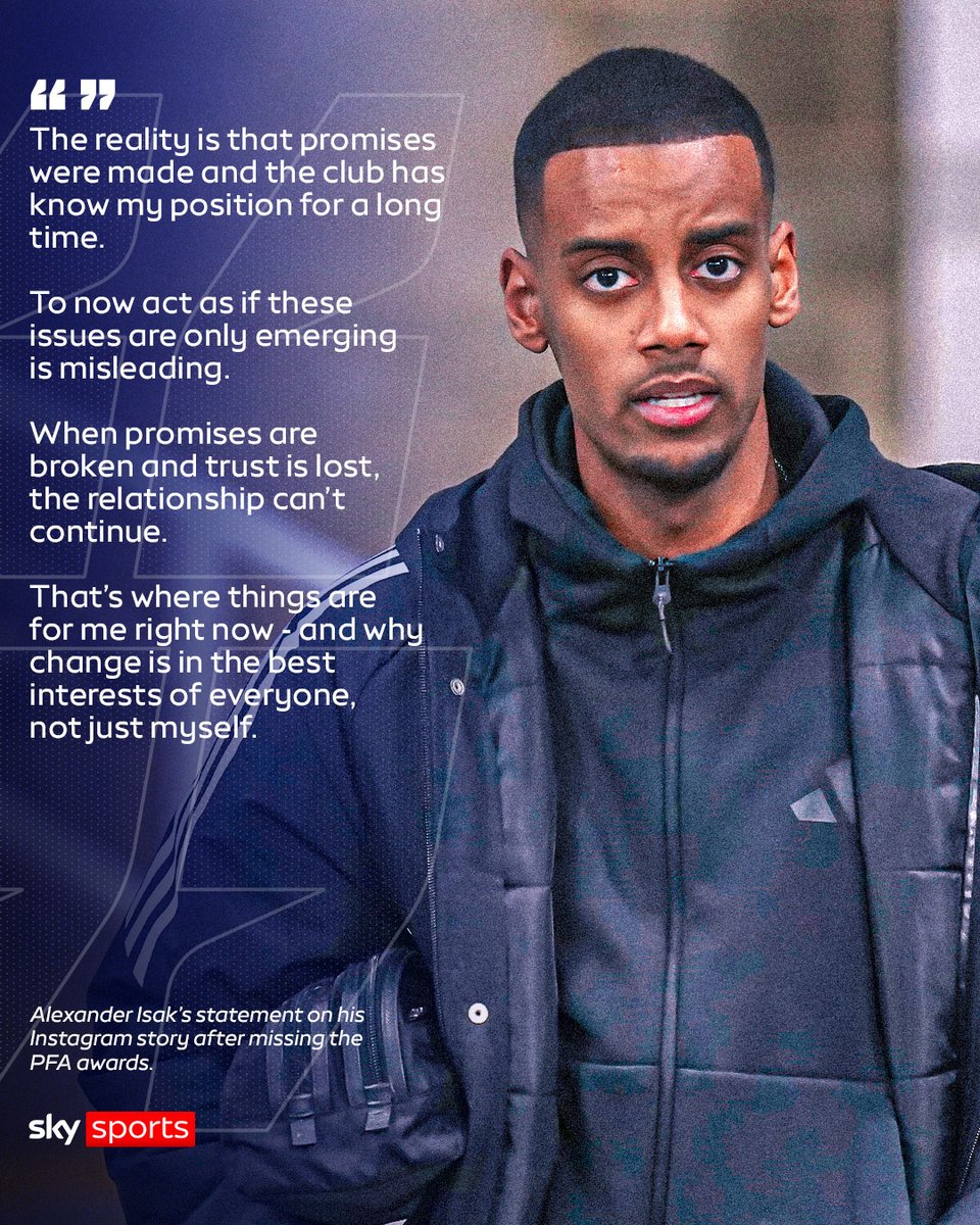 SkySportsPL's tweet photo. Alexander Isak says his relationship with Newcastle “can’t continue” and “change is in the best interests of everyone” as he accused the club of broken promises over his future 🗣️ https://t.co/9pWGIRtOo0