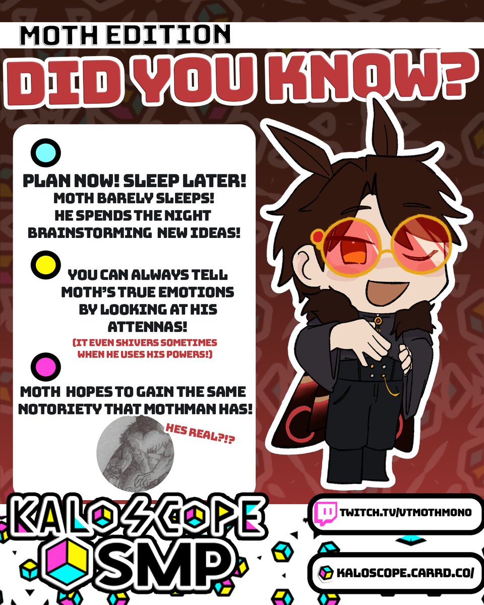 KaloscopeSMP's tweet photo. This week's showcase is our troublemaking cryptid, "Mothmono"! I can only say amazing things about him! A great person to interact with! Make sure to watch his new minisode "Thrill-Seeker!" on YouTube! https://t.co/aK8ZKMPi3m