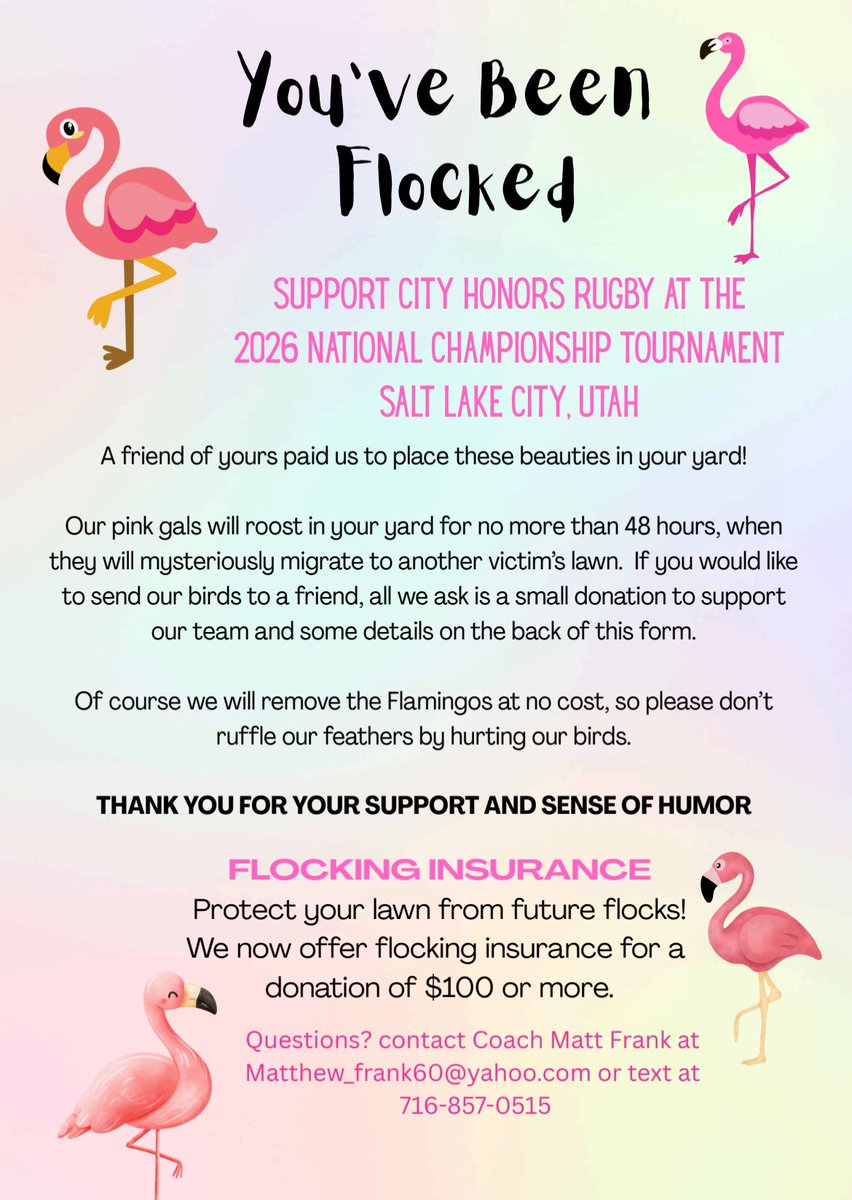 One week into our new "Flock your Neighbor" fund raiser and Buffalo area lawns are getting more vibrant! 🦩

Scan the QR code, to flock your friends, family, or, neighbors. All proceeds go towards funding the City Honors Women's Rugby trip to Nationals in Salt Lake City next year