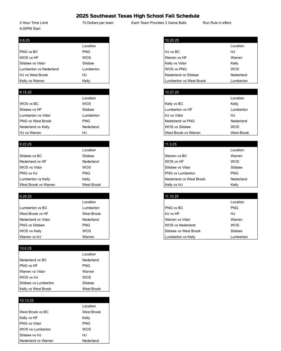 High School Fall Ball schedule posted. Junior Year in full swing