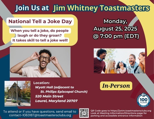 TM_JMERS's tweet image. Laugh or Groan -- It takes skill to tell a joke well. A Sense of Humor is an important characteristic for a leader or speaker to have. 
Questions can be posed to contact-1063187@toastmastersclubs.org .
