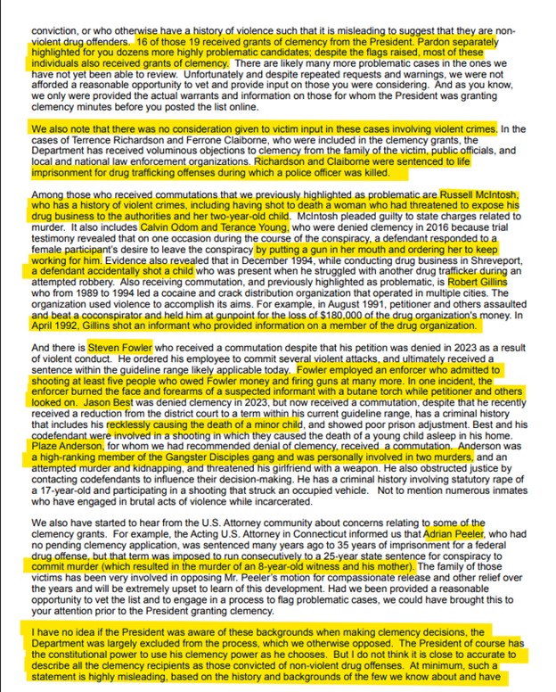 Weinsheimer flagged over a half-dozen Jan. 17, 2025 clemency recipients that have violent histories. These inmates killed cops, murdered witnesses and their kids, shot informants, hired hitmen, and were gang members.

All of these people have been released from federal prison.