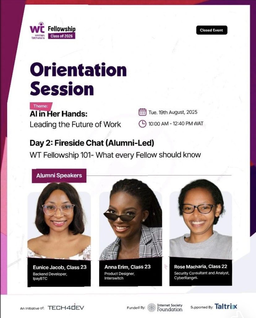Genesis_Pray's tweet photo. Today is Day 2 of our Tech4Dev Women Techsters Fellowship Class of 2026 Orientation.

Here are a few things I’ve learned in this session from Eunice Jacob, Anna Erim, Macharia Rose and every other speaker.

🧵 https://t.co/APiLfKLWRo