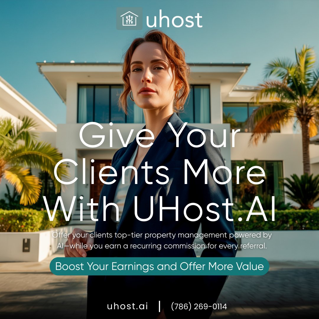 Uhost_ai's tweet image. 💡 The short-term rental market is growing 19% YoY. Help your clients turn homes into high-earning assets with UHost.AI—AI-powered, full-service management.

🏡 You earn 5% recurring commission.
📈 Zero extra work. Link in bio.

#RealtorReferrals #UHostAI