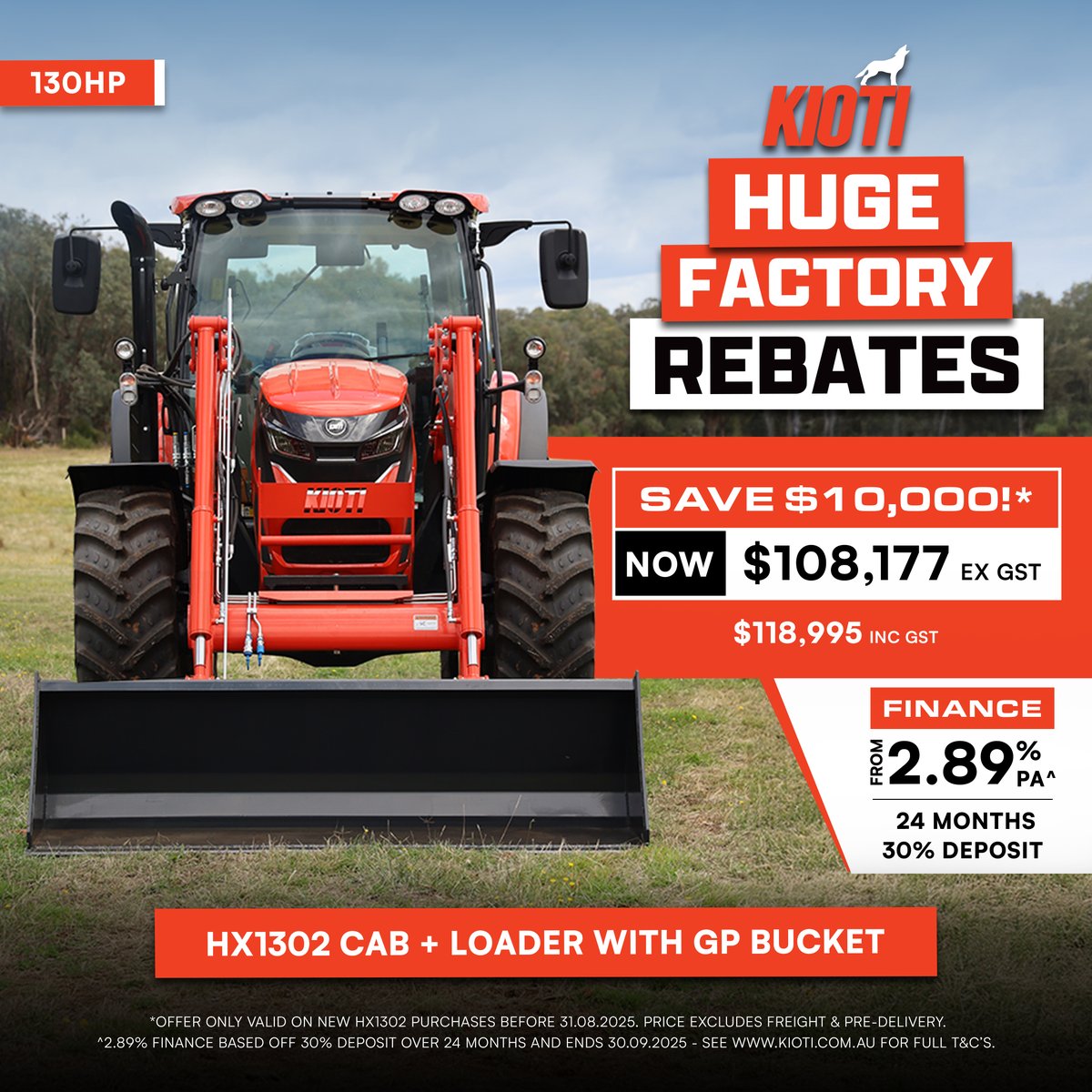 Save $10,000 and enjoy 2.89% finance over 24 months with a 30% deposit on a KIOTI HX1302 CAB + loader &amp; bucket. Call us now for more information. Hurry offer ends soon. loom.ly/8Yv-gR0