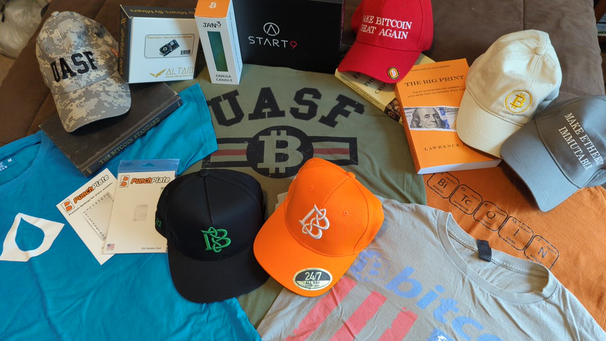 Some of my bitcoin swag that was just an arms length away for this shot; books, shirts, hats, hardware &amp; etc.
  
₿ig thanks to:
<a href="/Lightningmaxi/">MrSatoshi</a>
<a href="/LawrenceLepard/">Lawrence Lepard, "fix the money, fix the world"</a>
<a href="/Excellion/">Samson Mow</a>
<a href="/start9labs/">Start9</a>
<a href="/CodlStorage/">Punchplate ⚡</a>
<a href="/AquaBitcoin/">AQUA Wallet</a>
<a href="/saifedean/">Saifedean Ammous</a>
<a href="/altair_tech/">Altair Technology® ⛏️</a>
<a href="/JAN3com/">JAN3</a>
4 all you folks do 4 SOUND money!
