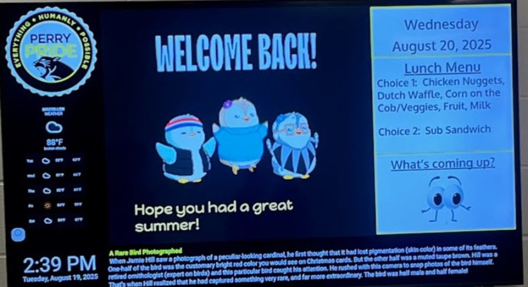 小学校のウェルカム画面に表示されたPudgy Penguins。ランチメニューと天気情報付き