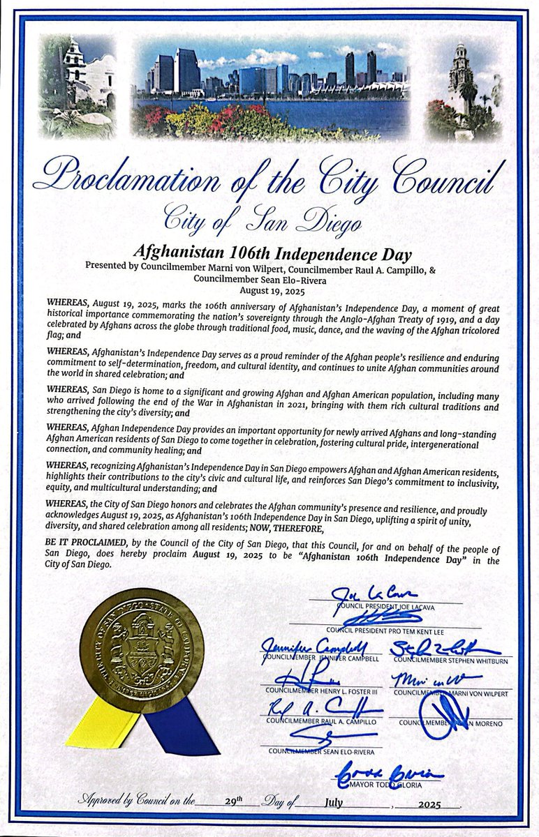 At the Afghan Family Services' initiative, today, August 19th, 2025, has been proclaimed as Afghanistan's 106th Independence Day in San Diego, California!

Today, we mark Afghanistan's 106th Independence Day as a moment of great historical importance commemorating the nation's