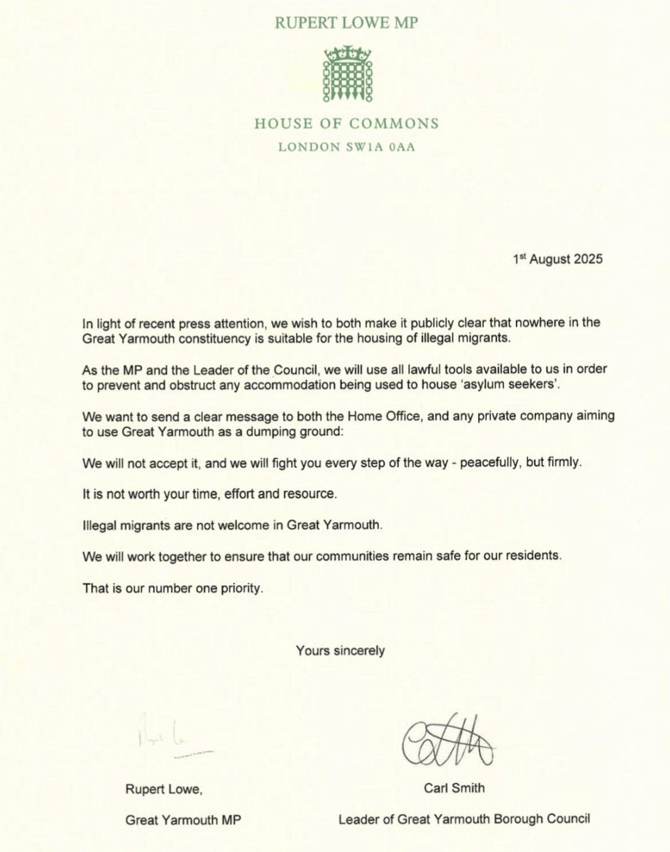 A statement from myself and the Leader of Great Yarmouth Borough Council, Carl Smith.

“Illegal migrants are not welcome in Great Yarmouth.”

I would urge all MPs and council leaders who agree to show a united front and issue such a statement for their residents.
