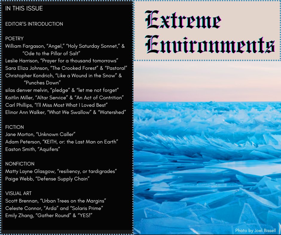 EXTREME ENVIRONMENTS, guest-edited by <a href="/xAdakia/">Jess</a>, is officially live! You can find it on our "Features" page, or right here: 

quarterlywest.com/extreme-enviro…