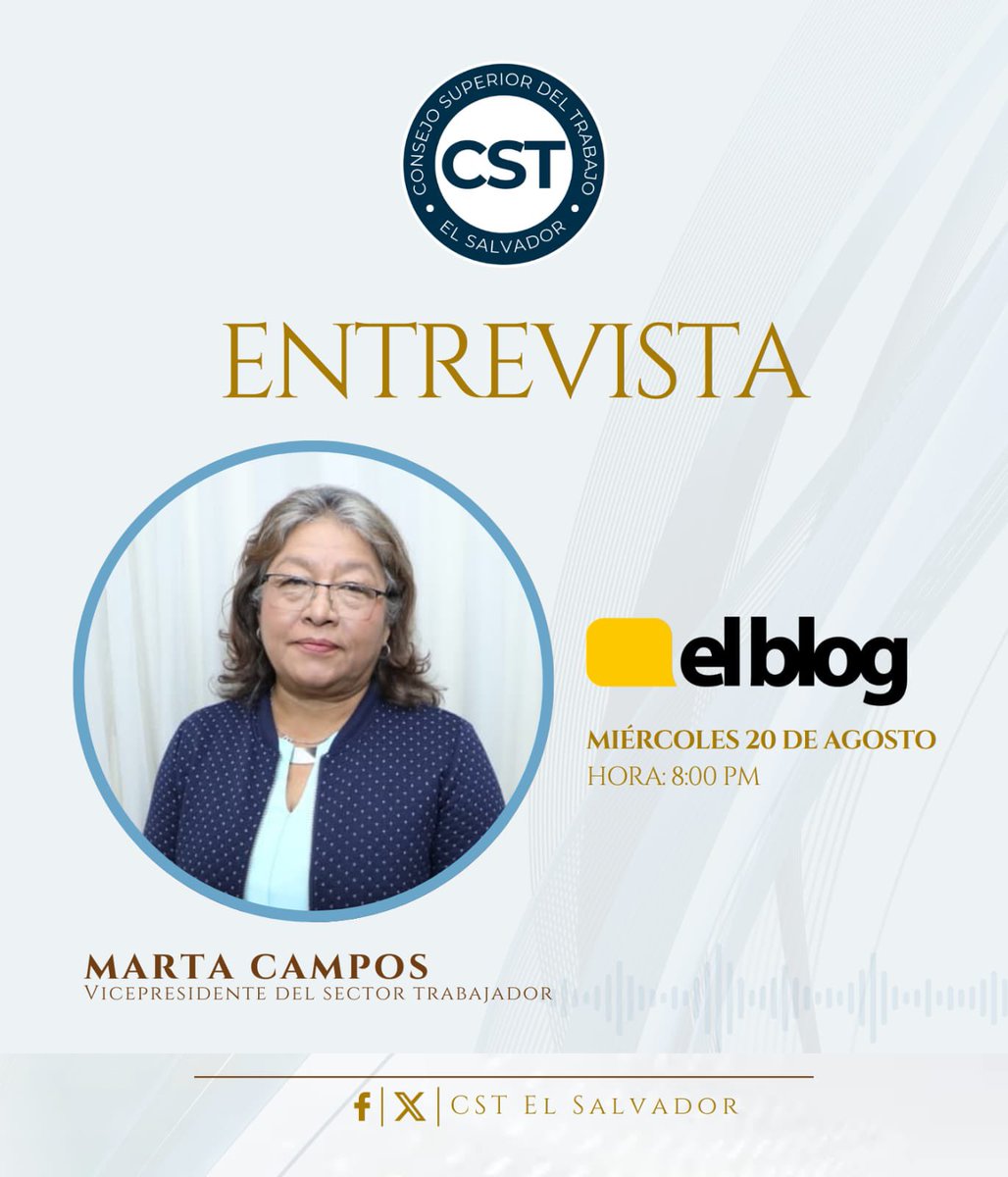 No te pierdas la entrevista con <a href="/MartaCampos_64/">Marta Campos</a>, Vicepresidenta del Sector Trabajador, en el Consejo Superior del Trabajo.

Quien compartirá los avances y desafíos en los temas laborales del país🎙️

📅 Miércoles 20 de agosto | ⏰ 8:00 PM
📍 Transmisión por: <a href="/elblog/">El Blog</a> 

¡Sintoniza y
