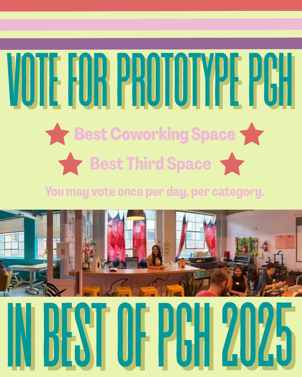 mailchi.mp/57ef095a0dd7/v… 

Vote for Prototype for PGH City Paper "Best of PGH":

Best co-working space (under business and services)
Best third space (under people and places)

posting.pghcitypaper.com/pittsburgh/Bes…