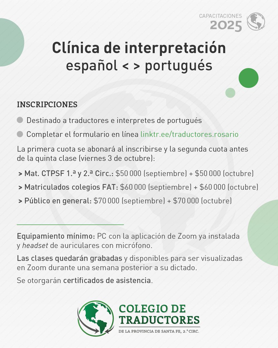 🟢 Clínica de interpretación español<>portugués. 🗣️🎧 A cargo de la Lic. Int. Romina Eva Pérez Escorihuela y del Prof. Int. Fabrício Pinto Santos.

✍️ Link de inscripción: forms.gle/mvcTsK9oQCF8TQ…

#CapacitaciónProfesional #Interpretación
#Portugués