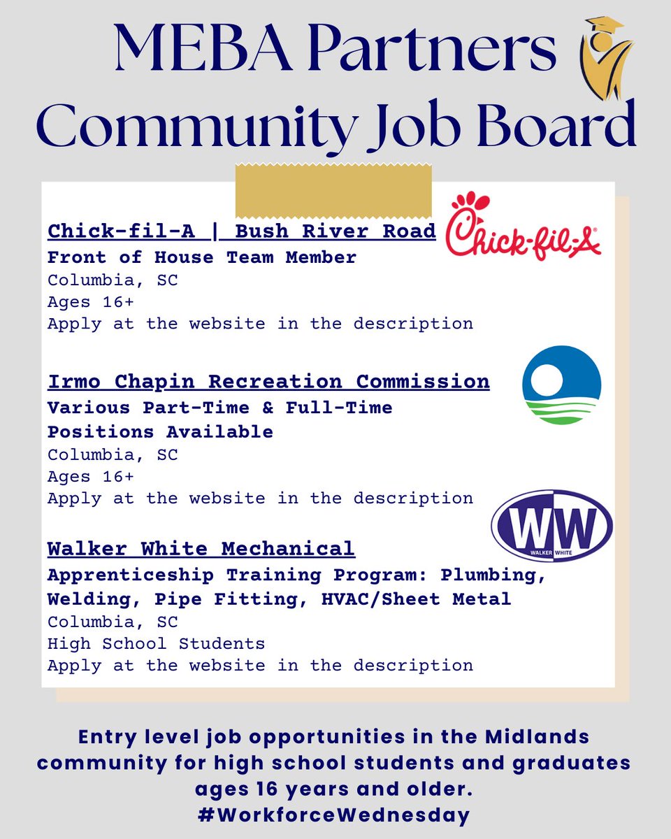 MEBA (@mebasc) on Twitter photo #WorkforceWednesday #MEBAPartners #creatingcareerconnections #communityjobs #communityjobboard
<a href="/ChickfilA/">Chick-fil-A, Inc.</a>
App: app.higherme.com/jobs/6282c7b80…
<a href="/IrmoChapinRec/">Irmo Chapin Rec Comm</a>
App: icrc.net/join-our-team/…
Walker-White Mechanical, Inc
App: walkerwhitemechanical.com/apprentice-pro… #WorkforceWednesday #MEBAPartners #creatingcareerconnections #communityjobs #communityjobboard
<a href="/ChickfilA/">Chick-fil-A, Inc.</a>
App: app.higherme.com/jobs/6282c7b80…
<a href="/IrmoChapinRec/">Irmo Chapin Rec Comm</a>
App: icrc.net/join-our-team/…
Walker-White Mechanical, Inc
App: walkerwhitemechanical.com/apprentice-pro…