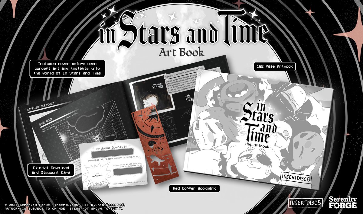 SerenityForge's tweet photo. We’re excited to share that we’ve received the restock of our In Stars in Time artbooks ✨

Don’t miss out on this gorgeous 160+ page collection of art by developer Adrienne Bazir! Every copy also ships with a red copper bookmark, a store coupon, and some digital goodies 💚 https://t.co/9FG36hvAAJ