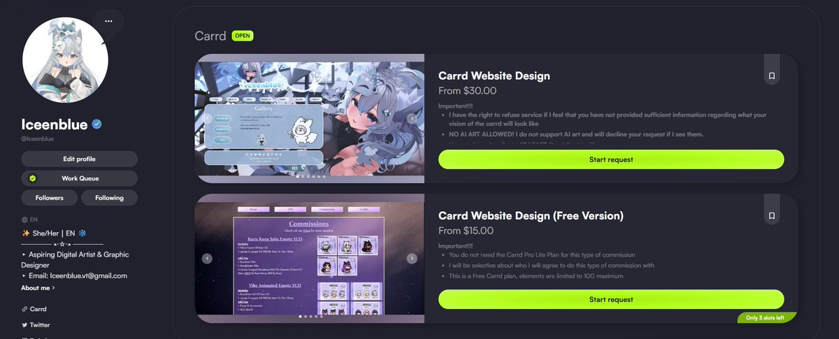 ──★ ˙ ̟COMMISSION OPEN ̟˙ ★──

Looking to get a custom carrd design?
My commissions are open!! Feel free to check out my past works~

Portfolio: vgen.co/Iceenblue/port…
Vgen: vgen.co/Iceenblue 

[♡ &amp; 🔁appreciated]
#commissionopen #carrd