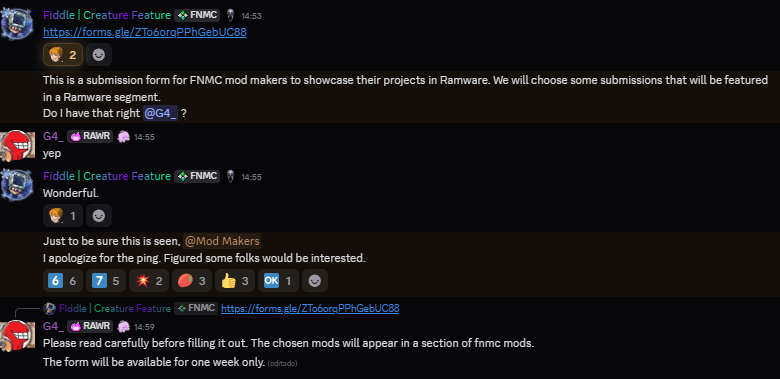 Hey! Little surprise! On the FNMC community server, if you want one last chance, here it is. Only 10 mods for something special.

--Go to the ramware announcements channel--

Discord: discord.gg/fridaynightmod…