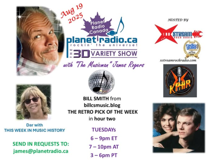 PlanetRadioCAN's tweet photo. The 3D Variety Show is back at 6pm EST for 3 hours of cool tunes! Dar has This Week in Music History, @billcs has his retro pick of the week, and The Musicman spotlights the songs of The Carpenters throughout the show. https://t.co/h114WDEMyp https://t.co/UKyeLgodoG