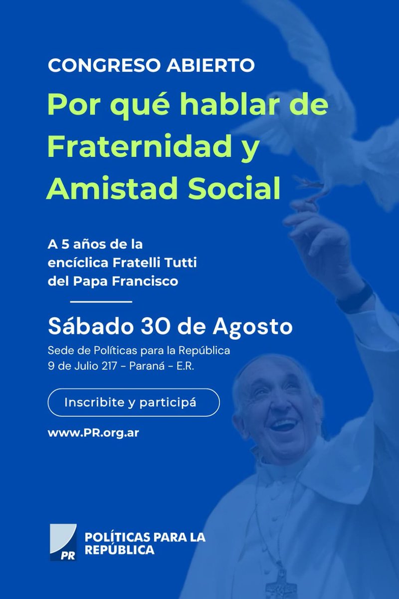 Sábado 30 de Agosto, de 16 a 20 hs. Sede de Políticas para la República.

Vecinos, conciudadanos, miembros de distintas instituciones y de todos los partidos políticos.

Todos invitados a compartir y debatir en este Congreso.

Info e inscripción! 👇

pr.org.ar/noticias/pr-in…