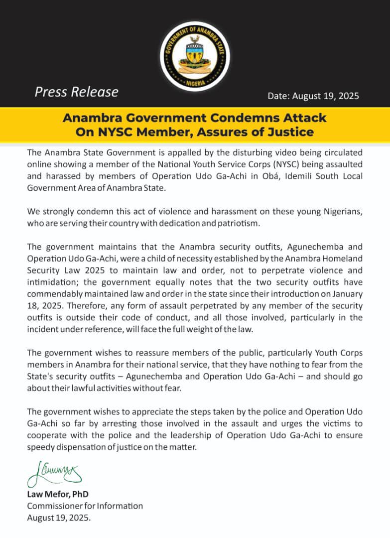 AnambraNewMedia's tweet photo. Press Release 

 Anambra Government Condemns Attack On NYSC Member, Assures of Justice https://t.co/fZylhM7lVa