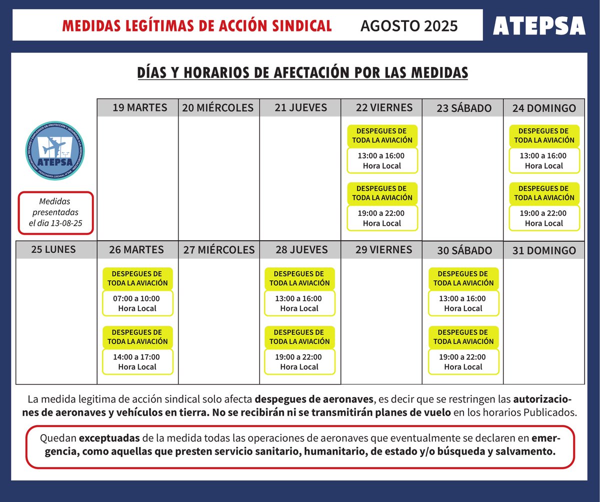 ATEPSA_Nacional's tweet photo. 📢 Ratificamos el inicio de las medidas de fuerza

👉 Finalizada la segunda conciliación obligatoria y ante la falta de una propuesta salarial real, confirmamos el inicio del cronograma de medidas legítimas de acción sindical presentado el día 13/08, con fecha de inicio el viernes 22/08.

👉 Hemos agotado todas las instancias legales y actuado con responsabilidad. Ahora avanzamos con el plan de lucha tal como resolvió el Plenario Nacional de Delegados/as.

💪 ¡UN ATEPSA FUERTE Y FEDERAL LO CONSTRUIMOS ENTRE TODOS Y TODAS!
