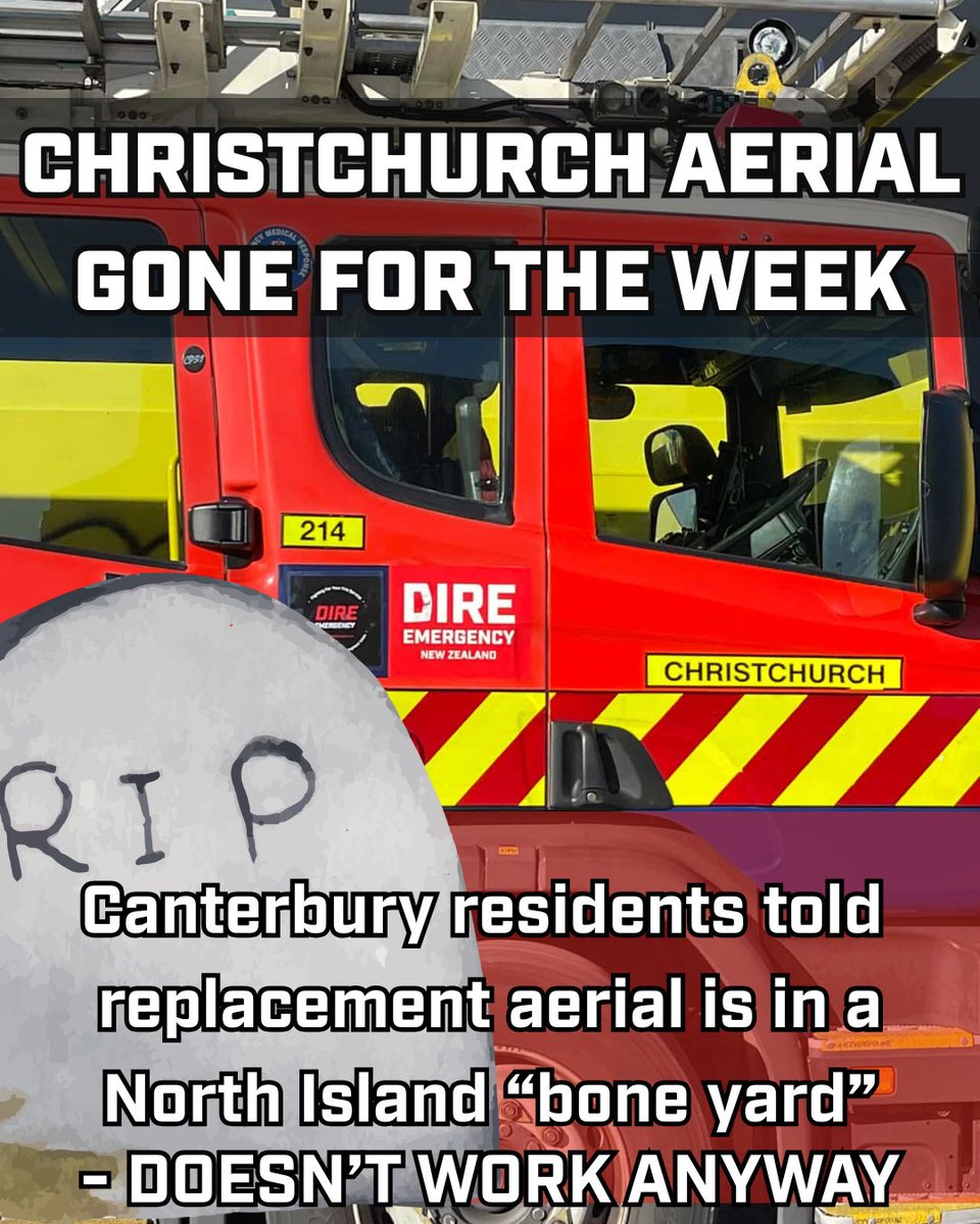 This Christchurch aerial is away for routine servicing for the week - its replacement is somewhere in the North Island, rusting away, and out of service - there is no aerial replacement for Canterbury.

When lives depend on height — our cities are out of reach #DireEmergency