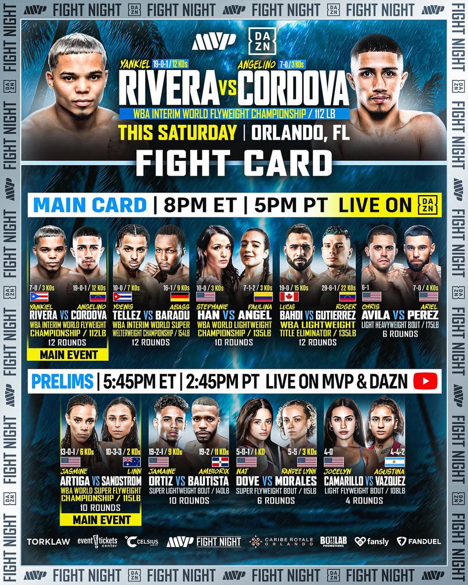🚨FIGHT NIGHT BOUT SHEET🚨

Here is the official MVP Fight Night 1 bout sheet…🤯

SATURDAY NIGHT IS ABOUT TO BE INSANE LET’S GOOOOO🥊🌴

——-
Saturday, August 23
Caribe Royale - Orlando, FL
LIVE on @daznboxing
#MVPFightNight1