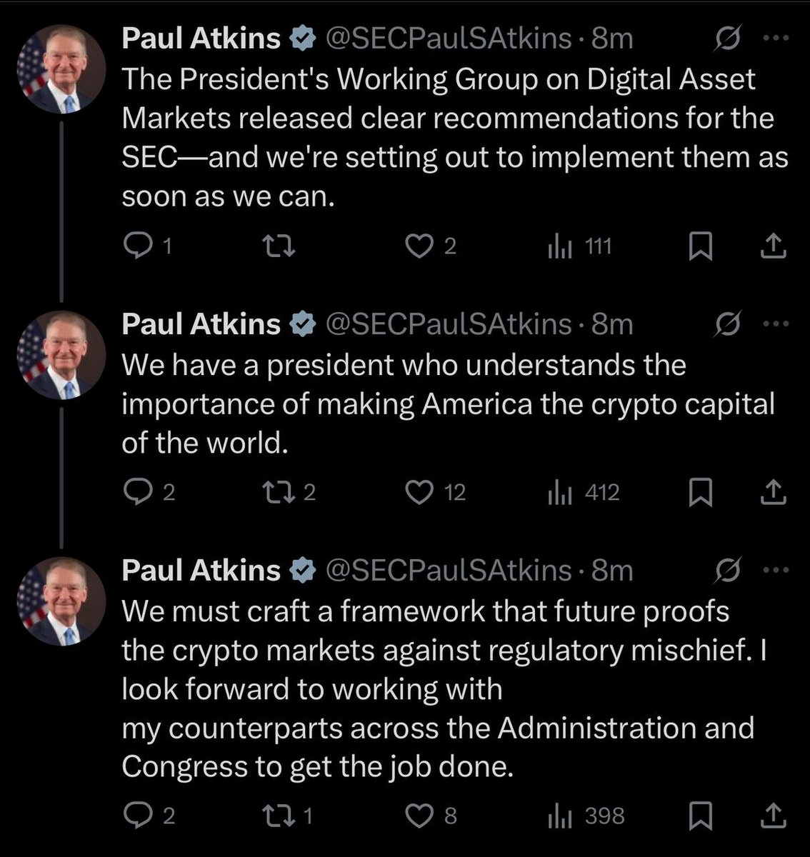 Coin Bureau (@coinbureau) on Twitter photo ⚡️JUST NOW: 🇺🇸 SEC Chair Paul Atkins says they’ll implement the President’s Digital Assets Working Group recommendations “as soon as we can.” 🚀 ⚡️JUST NOW: 🇺🇸 SEC Chair Paul Atkins says they’ll implement the President’s Digital Assets Working Group recommendations “as soon as we can.” 🚀
