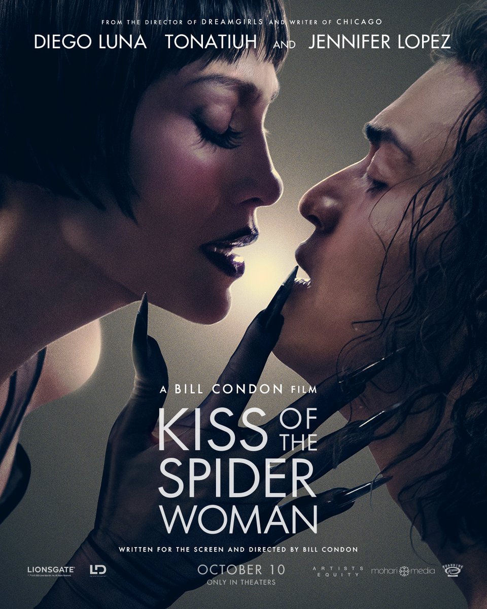 Get caught in her web 🕸️ #KissoftheSpiderWoman starring Diego Luna, Tonatiuh, and Jennifer Lopez is only in theaters October 10.