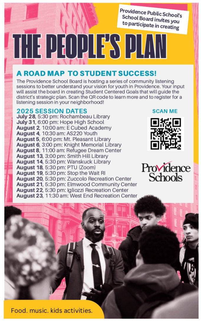 Providence Public Schools (@pvdschools) on Twitter photo 📢We want to hear from YOU! Providence School Board invites the community to join The People’s Plan: A “Road Map” to Student Success community listening session today @ <a href="/stopthewaitri/">Stop the Wait RI</a> 5:30pm. Your voice will help set Providence schools' vision! Schedule🔗providenceschools.org/peoplesplan 📢We want to hear from YOU! Providence School Board invites the community to join The People’s Plan: A “Road Map” to Student Success community listening session today @ <a href="/stopthewaitri/">Stop the Wait RI</a> 5:30pm. Your voice will help set Providence schools' vision! Schedule🔗providenceschools.org/peoplesplan