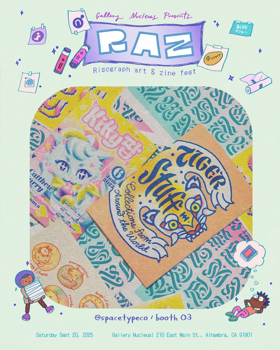 gallerynucleus's tweet photo. ✎ᝰ.Riso Art &amp; Zine Fest is back at Gallery Nucleus! On Saturday September 20th from 11 AM - 5 PM. 
𐔌՞. .՞𐦯 Admission is FREE and all ages are welcome!
⁠
⋆.˚ Details https://t.co/GE0tI9byRA
⁠
art assets @natandrewson ⁠
#gallerynucleus #razfest #risograph #riso #risoprint https://t.co/772joUwGY5