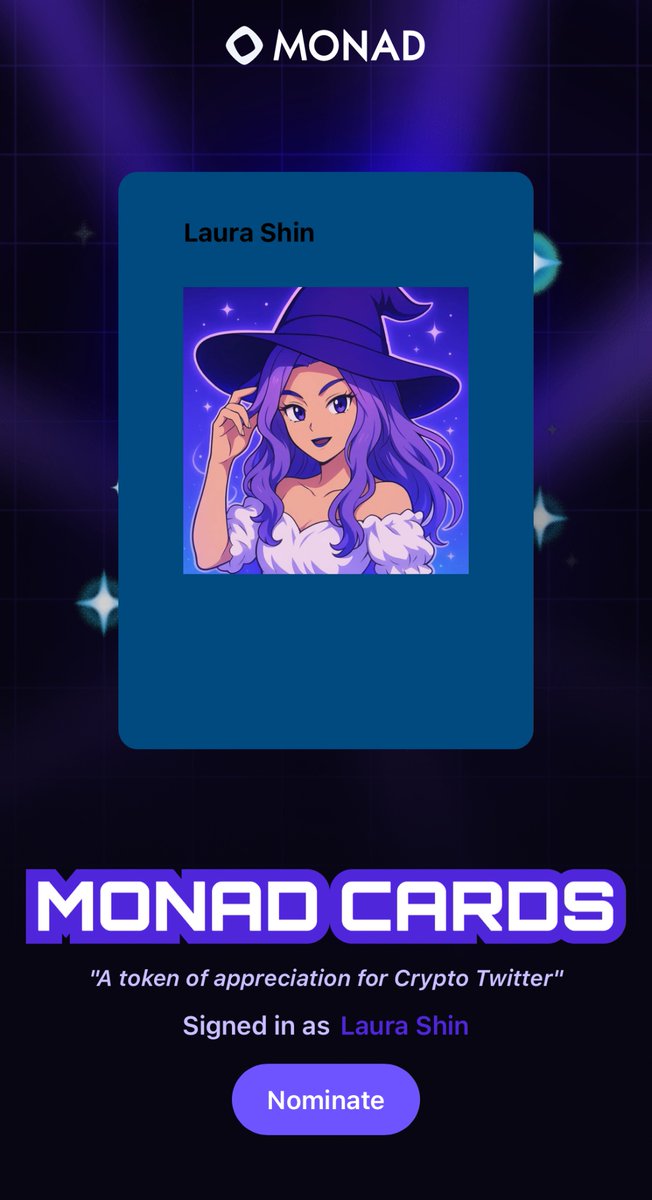 紫色の髪をしたアニメ風の魔女キャラクターと魔法の背景をフィーチャーしたローラ・シンのMonad Card