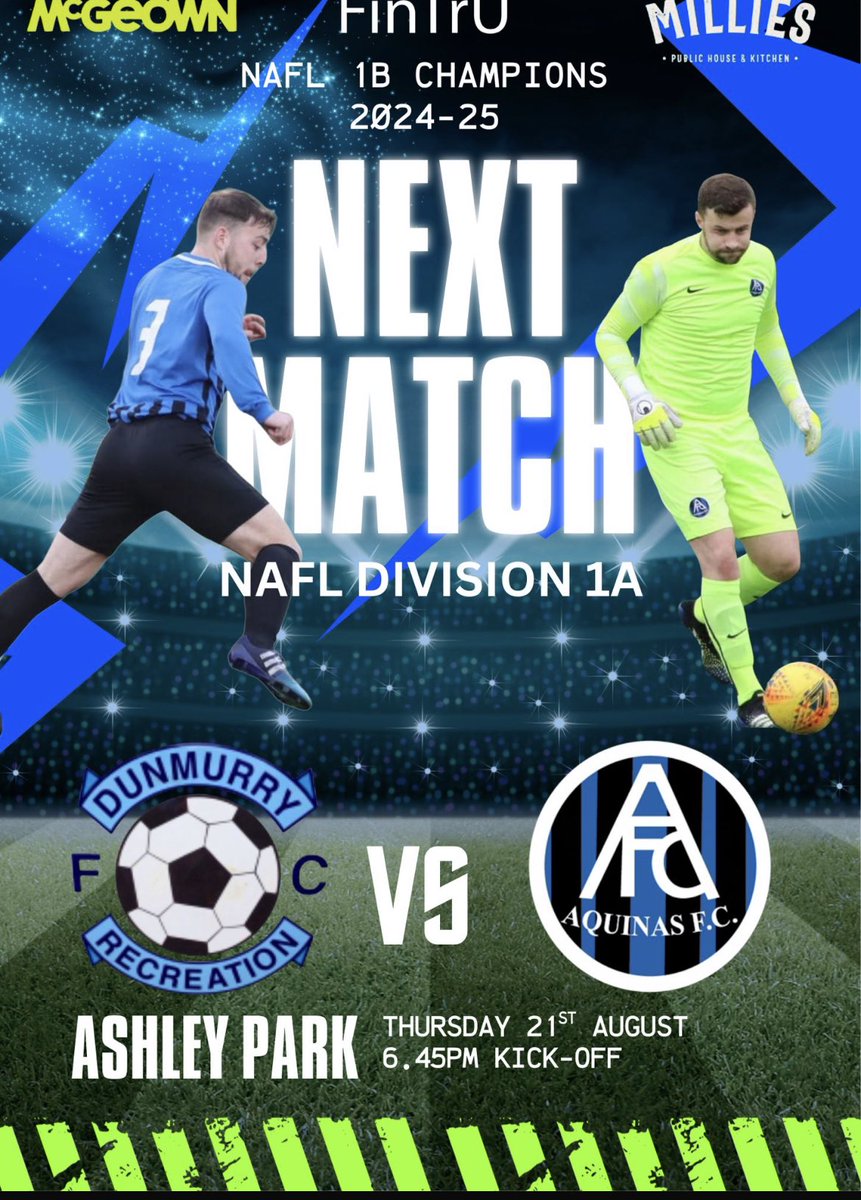 First team play <a href="/DunmurryRec/">Dunmurry Rec FC</a> in the league on Thursday. 

KO 6:45pm at Ashley Park 

Good luck lads! 

Millies Public House &amp; Kitchen
FinTrU
<a href="/McGeownEstate/">McGeown</a> 

#blueandblack 🔵⚫️