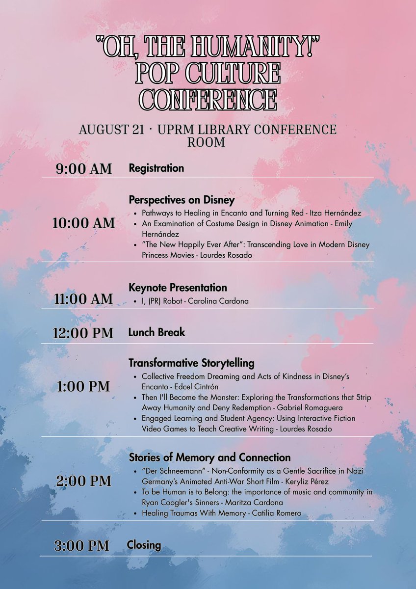 BibliotecaUPRM's tweet image. ¡Les invitamos a la conferencia de cultura popular titulada “Oh, The Humanity!”

📅jueves, 21 de agosto de 2025
📍Sala de Conferencia A – Biblioteca General
🕘Registro comienza a las 9:00am

También visiten la exhibición disponible en nuestro vestíbulo.

#popculture #uprm